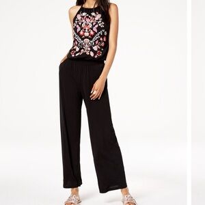 INC Black Sleeveless Embroidered Floral Jumpsuit